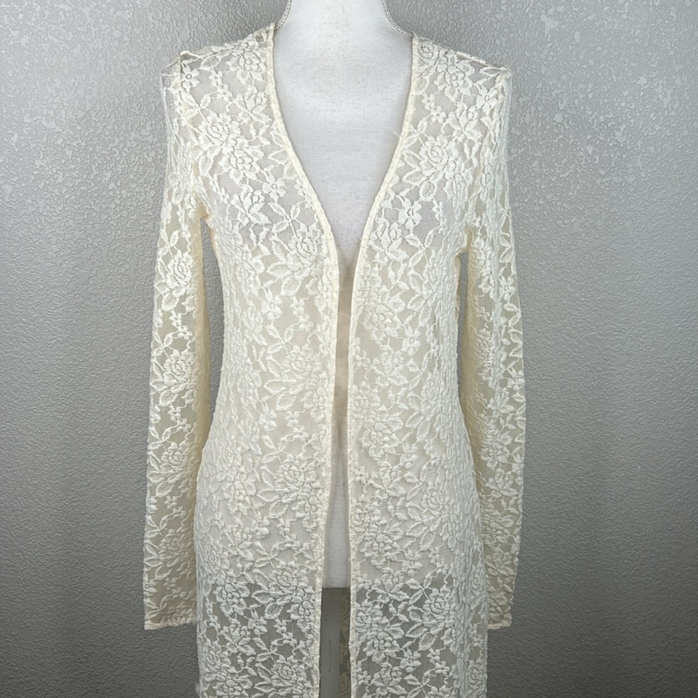 Forever 21 Cream Lace Long Boho Festival 90's Y2K Floral Cardigan Size Medium - Picture 2 of 7